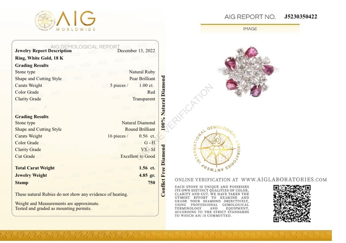 18 karatų baltojo aukso žiedas su 0,56 ct deimantais ir 1,00 ct natūraliais rubinais - Image 2