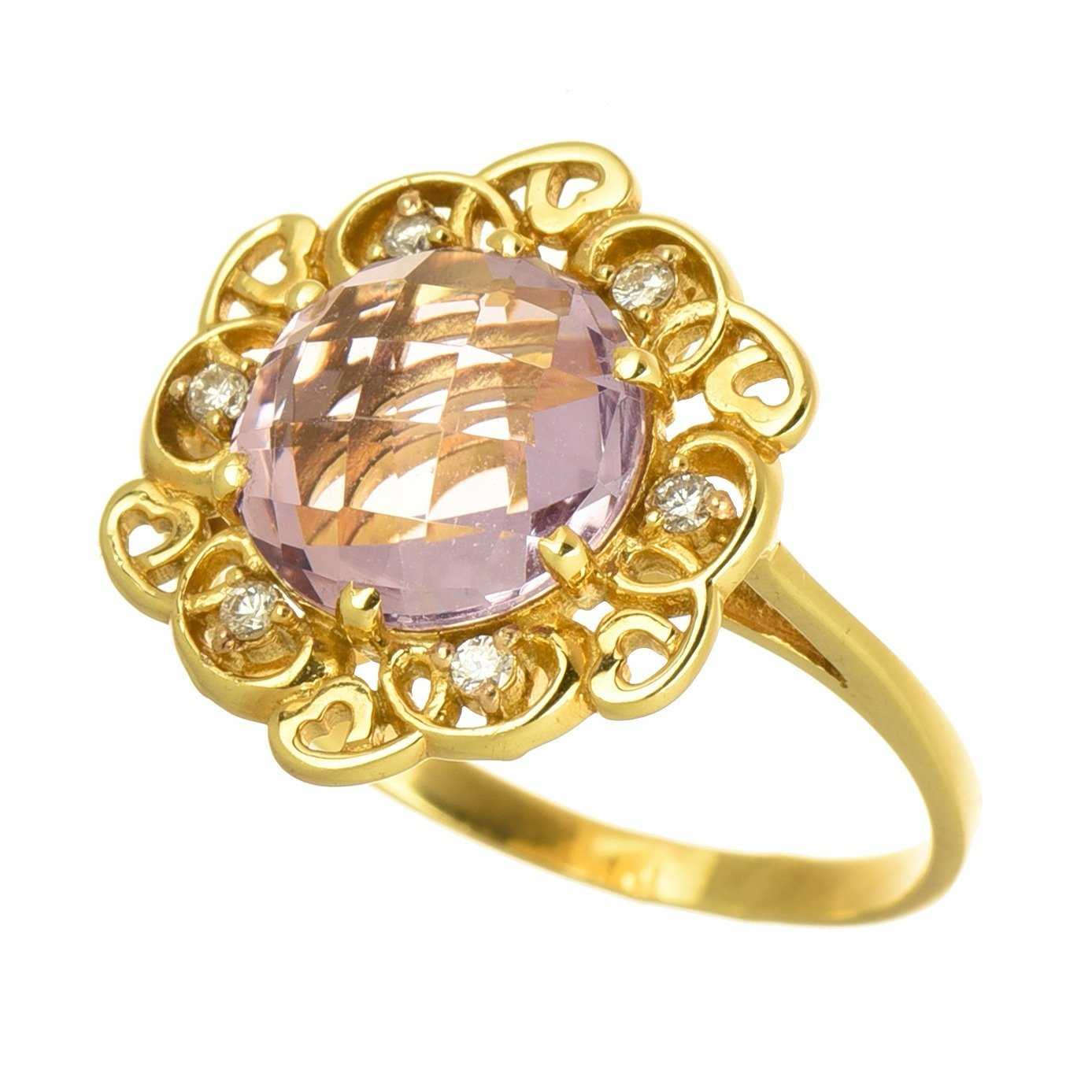 Prabangus 14 karatų geltono aukso žiedas, dekoruotas vienu 2.50 ct fantazinio šlifavimo ametistu ir šešiais briliantinio šlifavimo deimantais