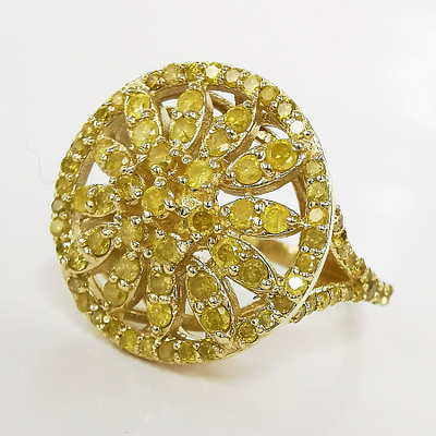 Prabangus 14 karatų geltono aukso žiedas, inkrustuotas 98 apvalaus briliantinio šlifavimo 1.65ct natūraliais geltonais deimantais