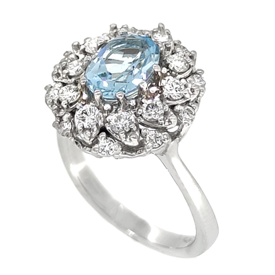 18 karatų baltojo aukso žiedas su 1,50 ct akvamarinu ir 0,44 ct deimantais