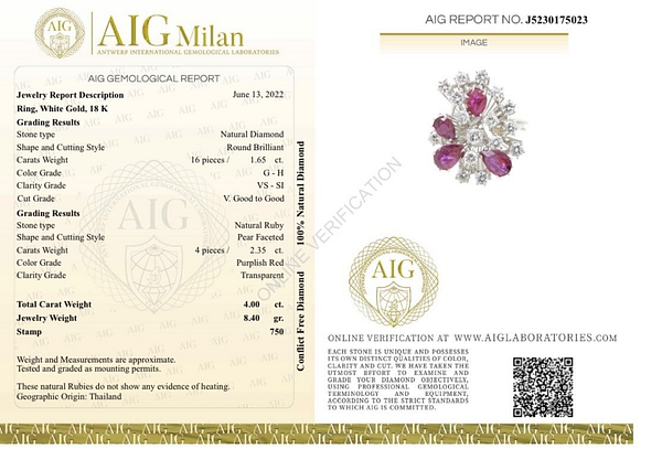18 kt. balto aukso žiedas su natūraliais rubinais (2.35 ct) ir deimantais (1.65 ct, G/H VS/SI) - Image 2