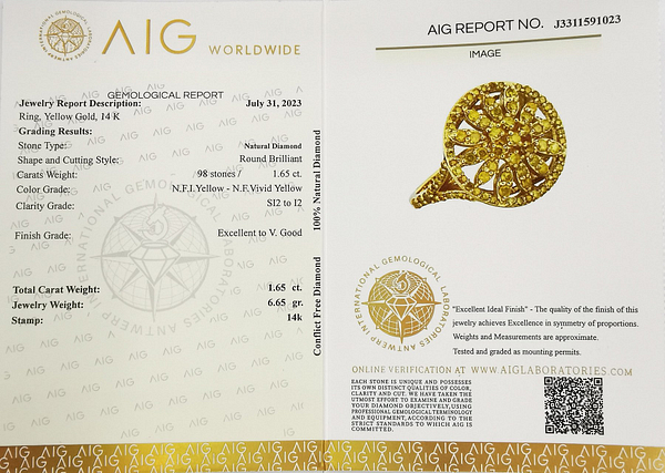 Prabangus 14 karatų geltono aukso žiedas, inkrustuotas 98 apvalaus briliantinio šlifavimo 1.65ct natūraliais geltonais deimantais - Image 3
