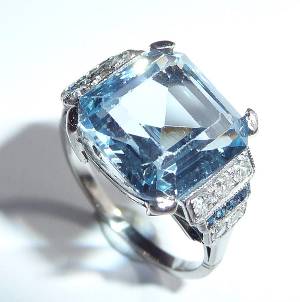 14 kt. baltojo aukso žiedas su 6.20 ct topazu, deimantais ir safyrais - Image 8